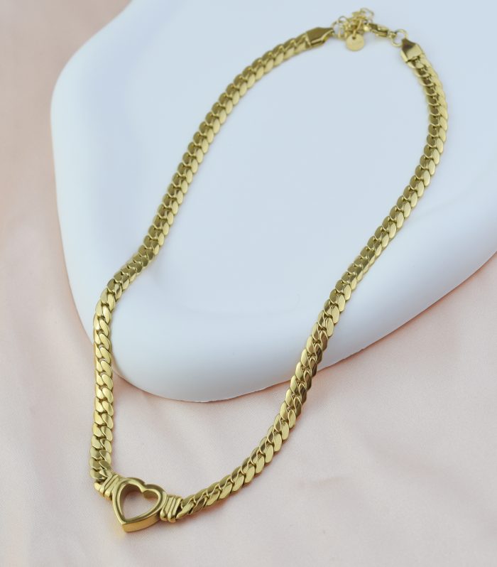 Gold Renk Ezme Zincir Kalp Detaylı Kolye 40cm
