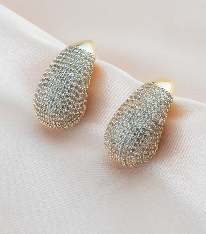 Taşlı Damla Küpe Gold Renk Büyük Boy 30 mm