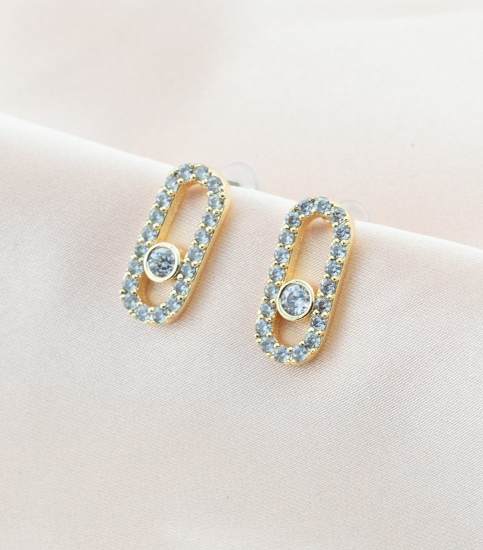 Tek Taşlı Oval Gold Renk Küpe 17mm