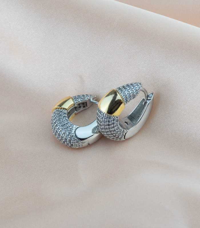 Gold Detaylı Taşlı Gümüş Renk Halka Küpe 20mm
