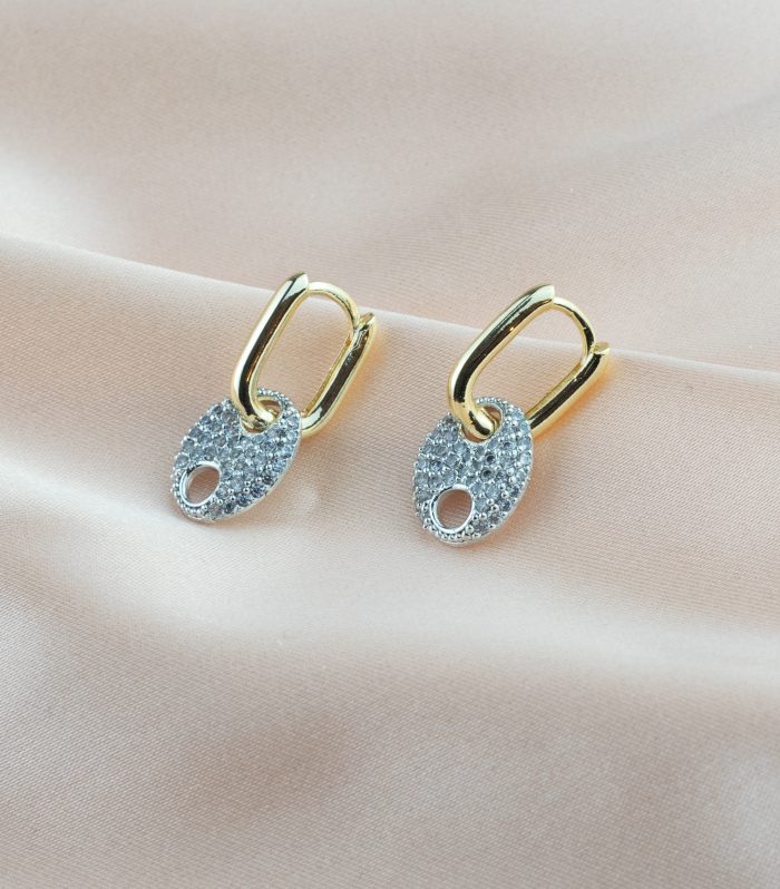 Elips Taşlı Gold/Gümüş Renk Küpe 23mm