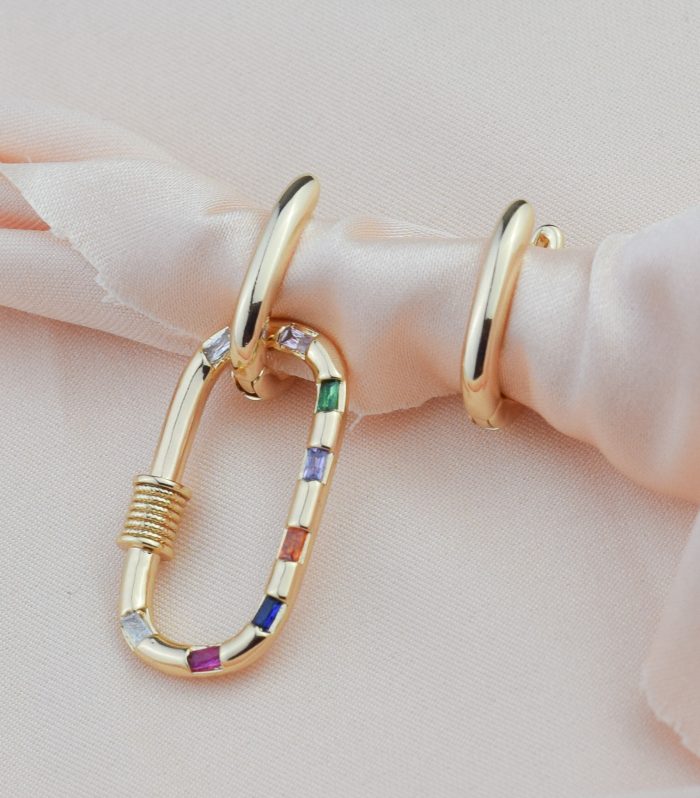 Renkli Taşlı Gold Renk Kare Küpe 45mm