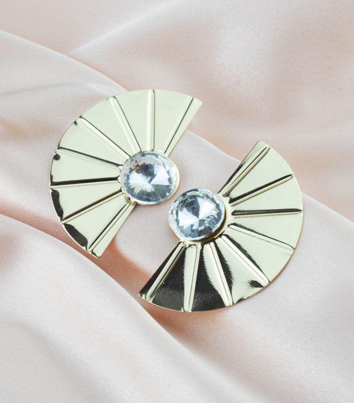 Tek Taşlı Gold Renk Yelpaze Plaka Küpe 50mm
