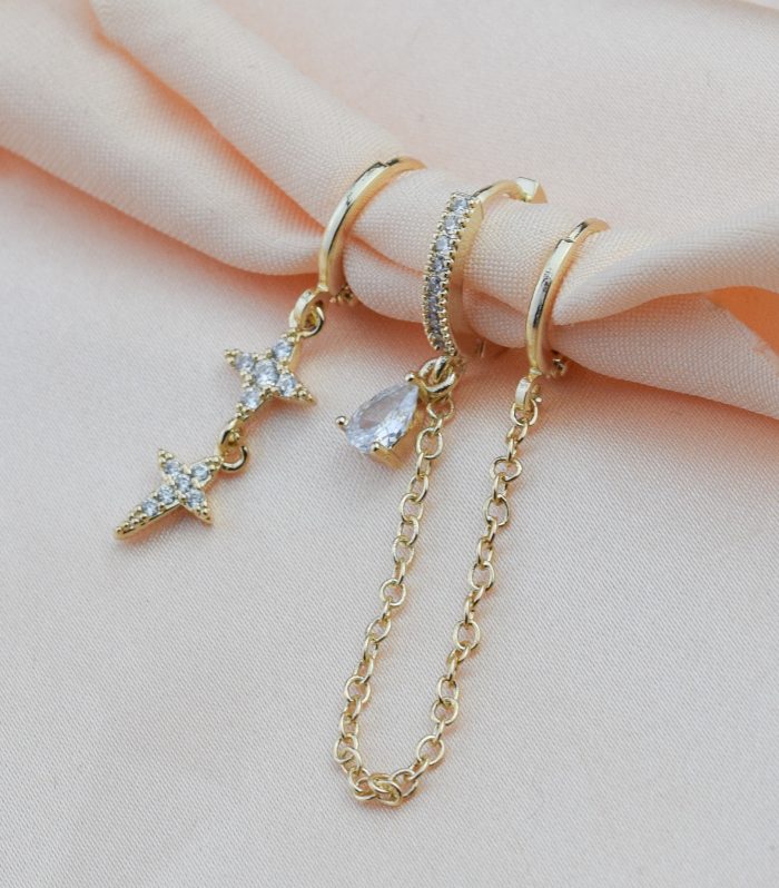 Çift Yıldızlı Tek Taşlı Gold Renk 3'lü Set Küpe