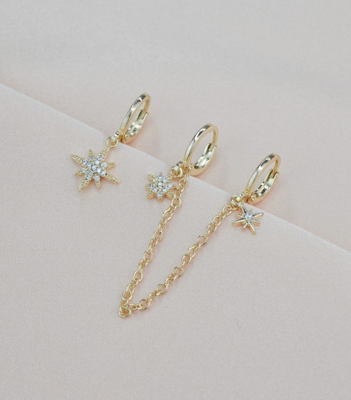 Yıldızlı Gold Renk 3'lü Set Küpe